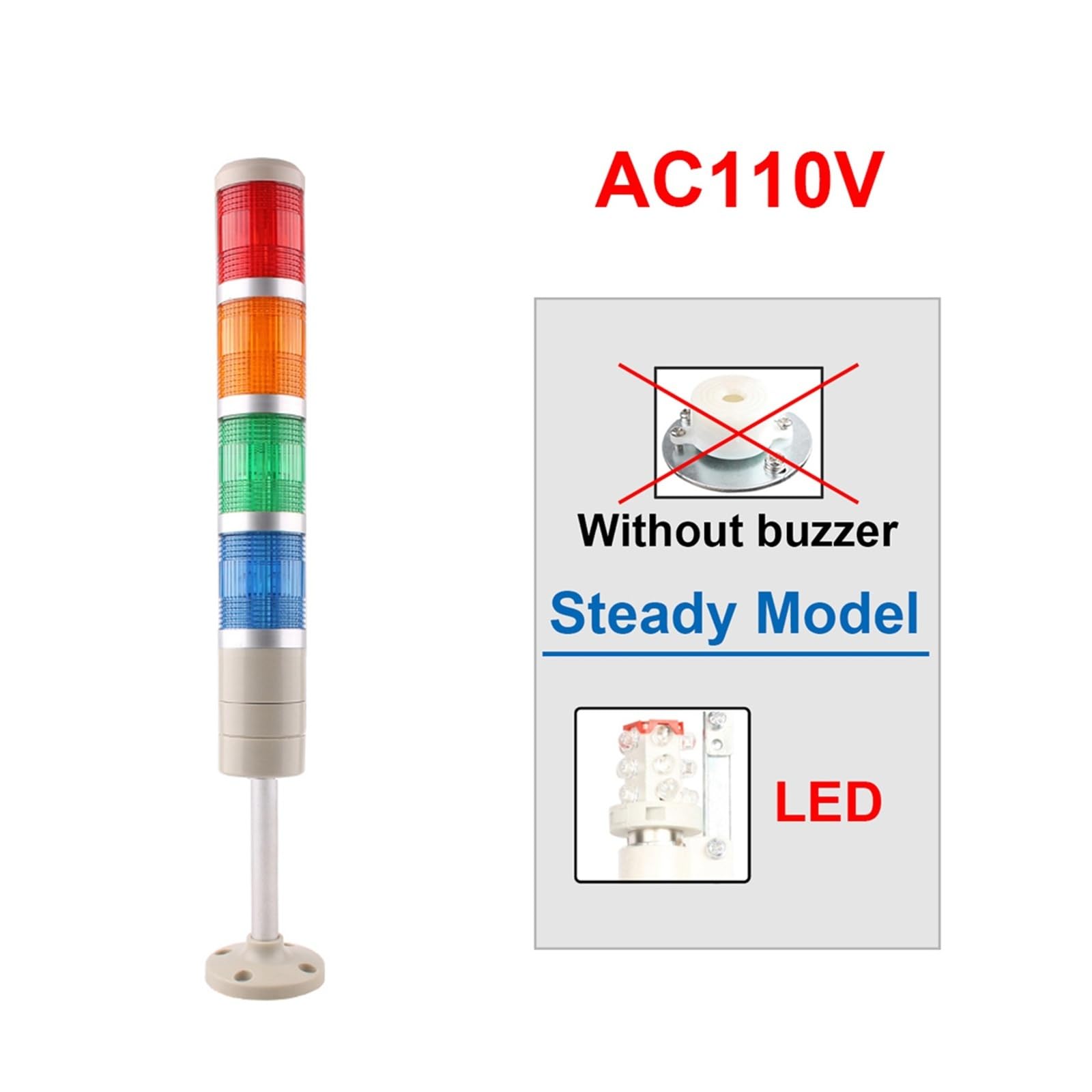 4-warstwowa lampa ostrzegawcza LED 12 V 24 V 110 V 220 V LED przemysłowa lampa ostrzegawcza LGP-205/505, migające światło, światło ciągłe (światło ciągłe 110 V)