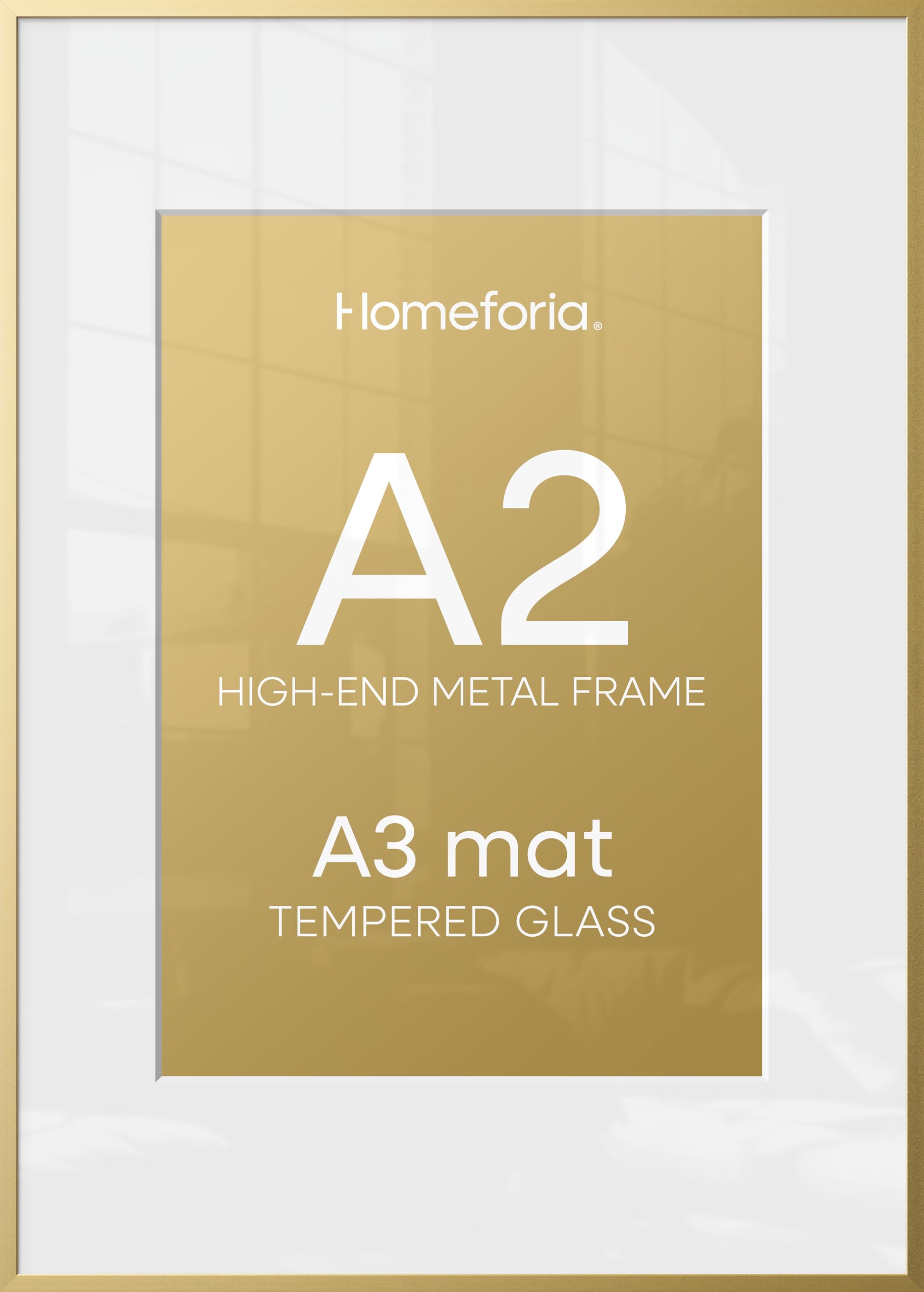 Homeforia A2 Gold Picture Frame, High-End Metal, A3 Mat, Glass | High End Aluminum, Tempered Glass, Acid-Free A3 Removable Mat, A2 Edge-to-Edge Display, Wall Kit, Set Of 3