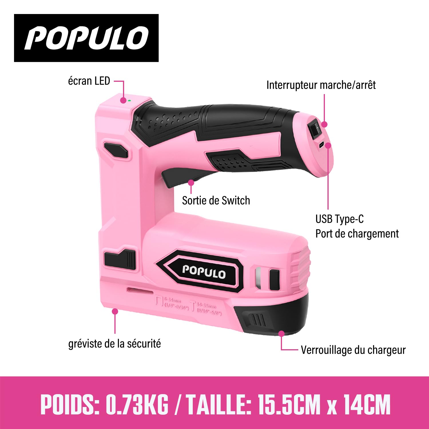 POPULO Agrafeuse électrique 2-en-1 sans fil 4 V lithium-ion avec charge USB-C – inclut arrache-clou, agrafes et clous pour tapisserie, clips, réparation de meubles, moquette et bricolage maison, rose