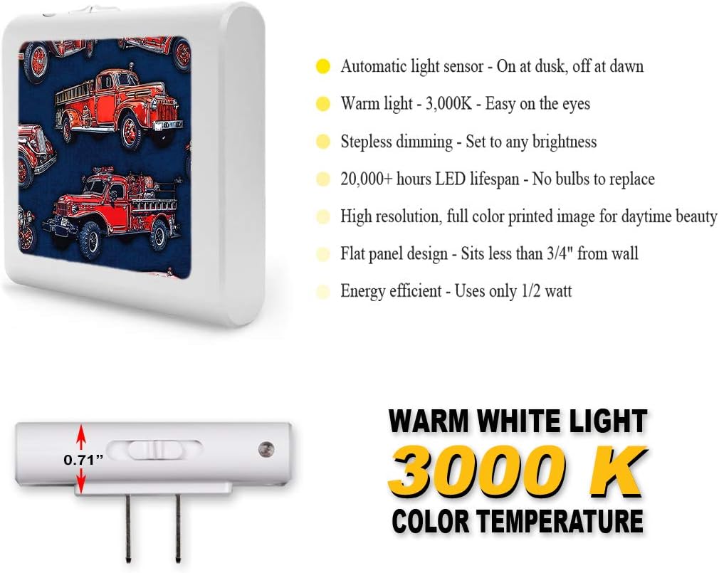 Plug in Dimmable LED Night Light with Dusk to Dawn Auto Sensor Adjustable Brightness Warm Light Auto On-Off Nightlight for Bathroom Hallway Nursery Bedrooms - Vintage Fire Trucks - Image by Dan Morris image 2