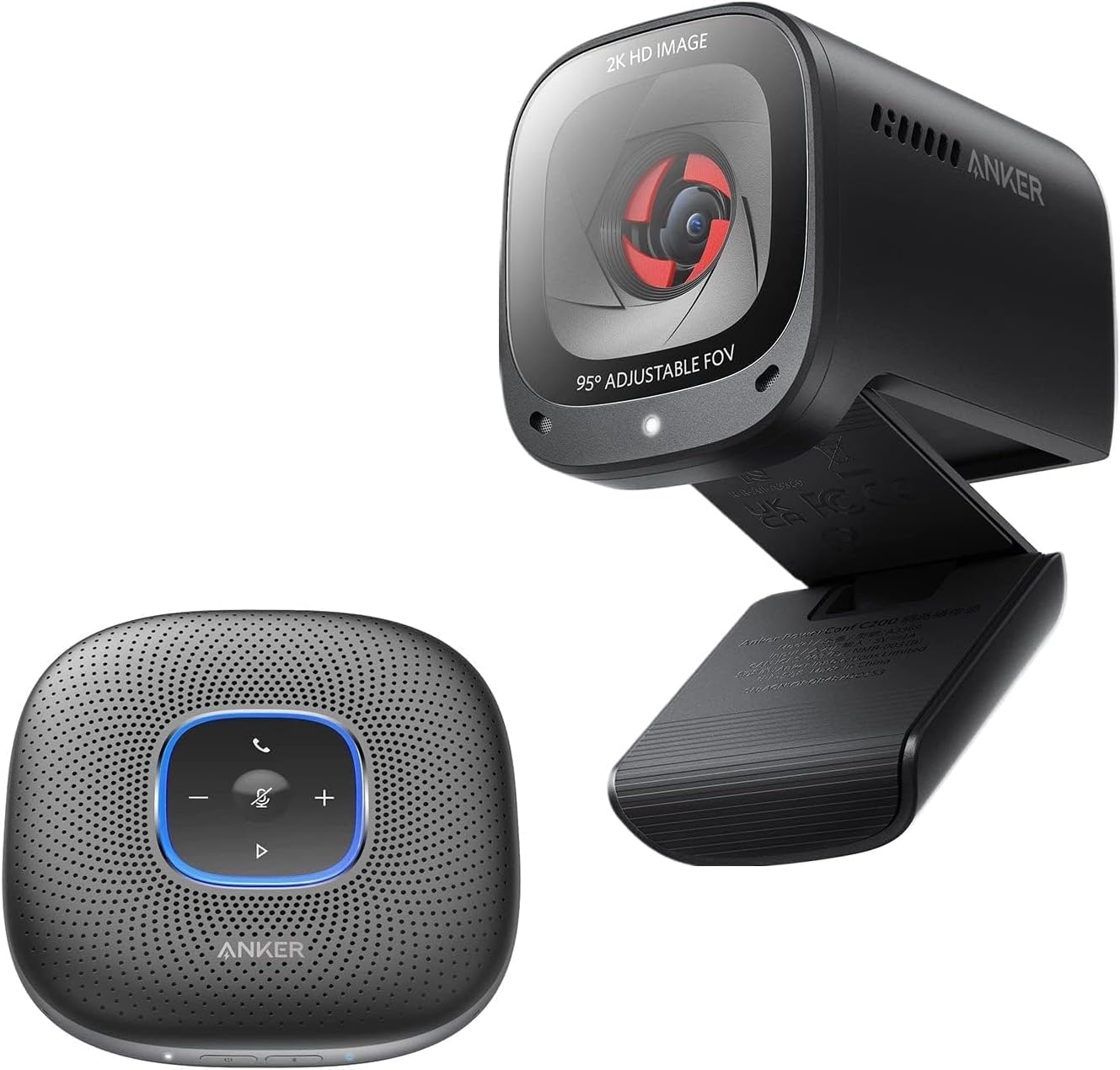 Anker PowerConf Zoom Certified Conference Speaker PowerConf C200 2K Webcam, 360°Enhanced Voice Pickup, 24H Call Time, AI-Noise Canceling Microphones, Adjustable Field of View, Low-Light Correction