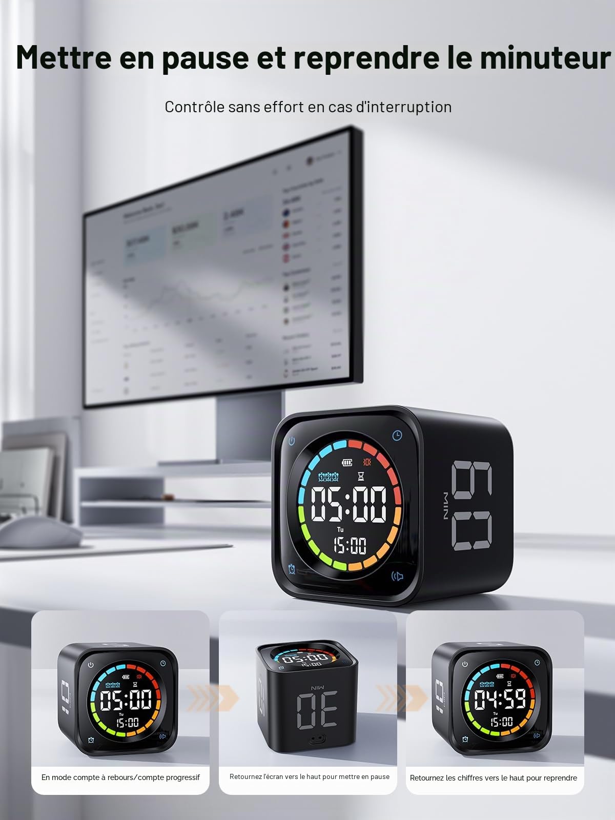 Ticktime TK3 Minuteur Pomodoro Cube, Préréglages 5/10/30/60 Min, Compte à Rebours Personnalisé, Chronomètre & Horloge, 3 Alarmes, Silencieux/Vibration/Son, Rechargeable pour TDAH Etude Travail, Noir