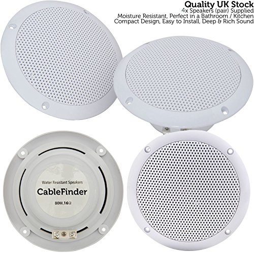 CableFinder - Altavoces de Techo Resistentes a la Humedad (4 Unidades, 80 W, 16 ohmios, 5 Pulgadas, para Cocina, baño, 2 vías, a Prueba de Salpicaduras de Agua) Cover
