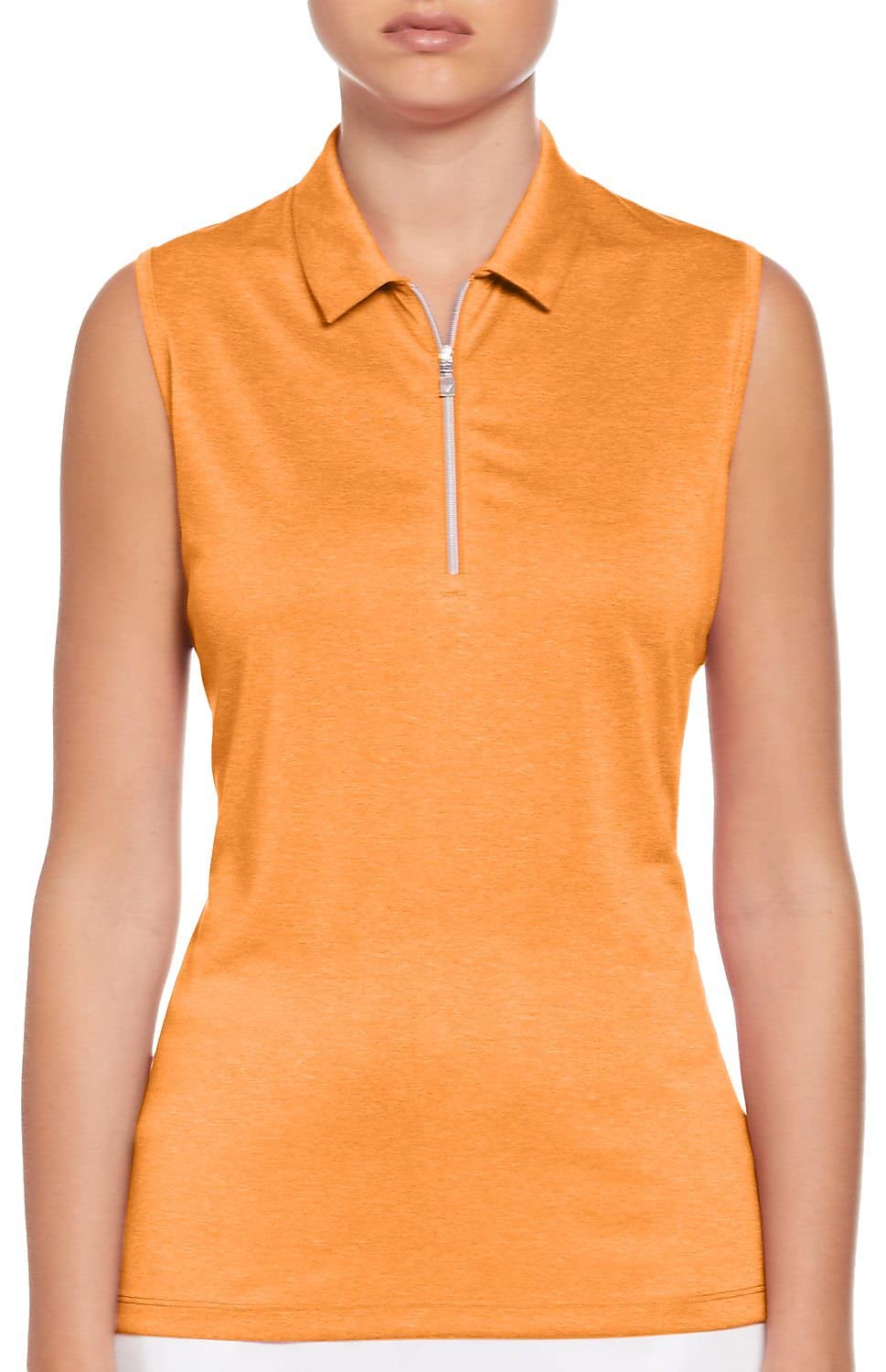 Callaway Womens Quarter Zip Heather Sleeveless Golf Polo, Moisture-Wicking, Sun Protection, Stretch Shoulder Seams, Nectarine HTR, XL