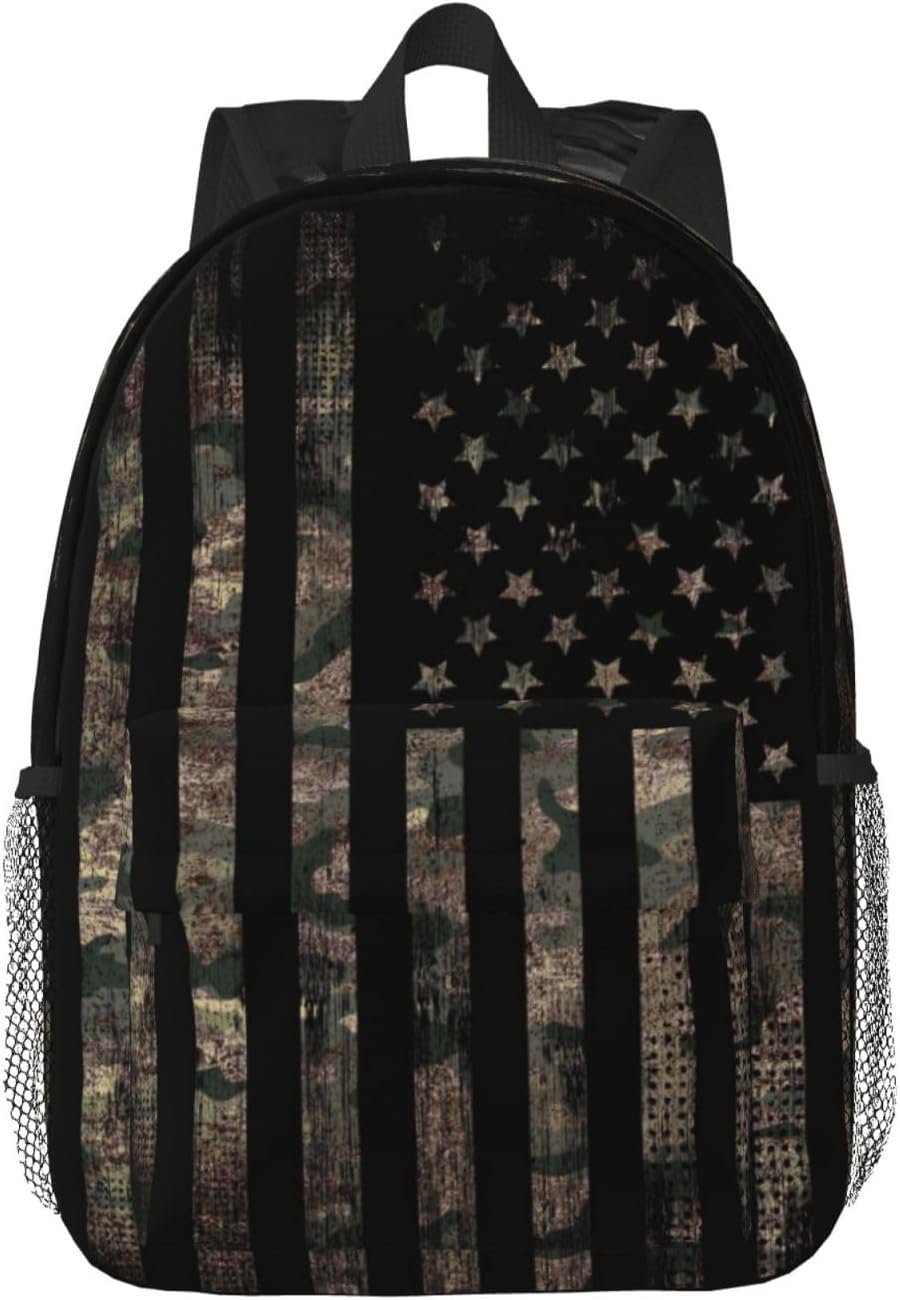 Camouflage Hunting Tactical Camo American Flag 15 Inch Backpack Laptop Travel Bag For Men Women With Multiple Pockets Casual Hiking Gym Sport