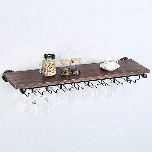 Miniatura 7 de Estante de vino industrial montado en la pared con soporte para 5 vidrios,Estante flotante para copas de vino,Estantería de tubo de 36 pulgadas para