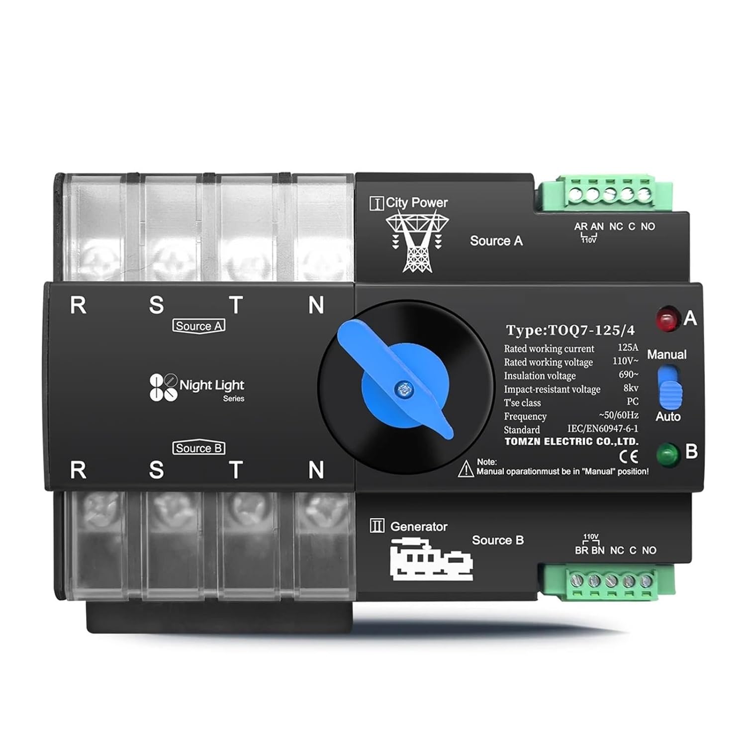 Din Rail 3 Phase ATS 4P 63A 100A 125A 110V 120V Dual Power Automatic Transfer Electrical Selector Switch Uninterrupted 1Pcs(100A)