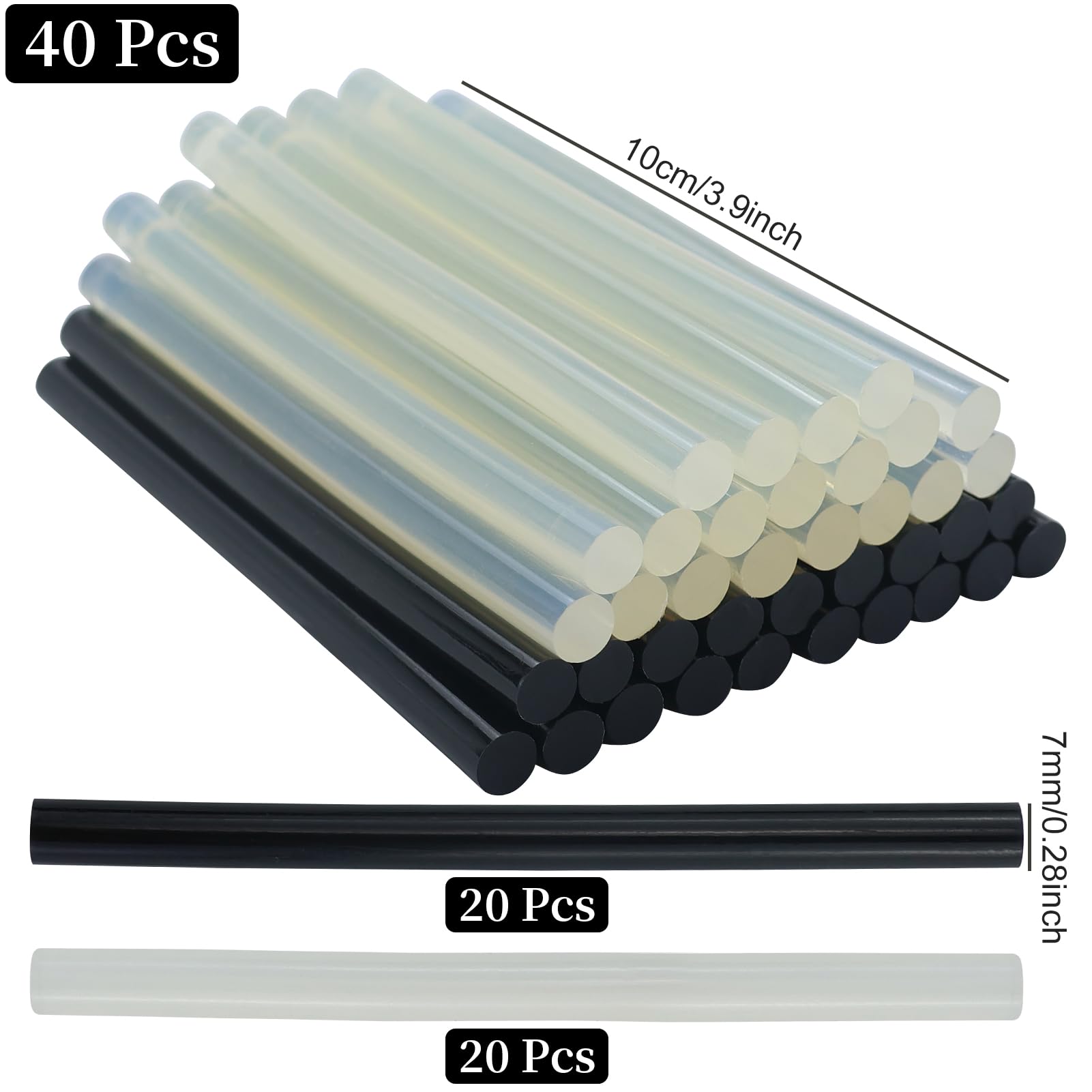 40 Pezzi Colla a Caldo 7 x 100 mm, Stick Colla a Caldo per Pistola, Ricariche Colla a Caldo Trasparenti & Nero, Ad Asciugatura Rapida, Bastoncini di Colla a Caldo per Fai da Te, Riparazione