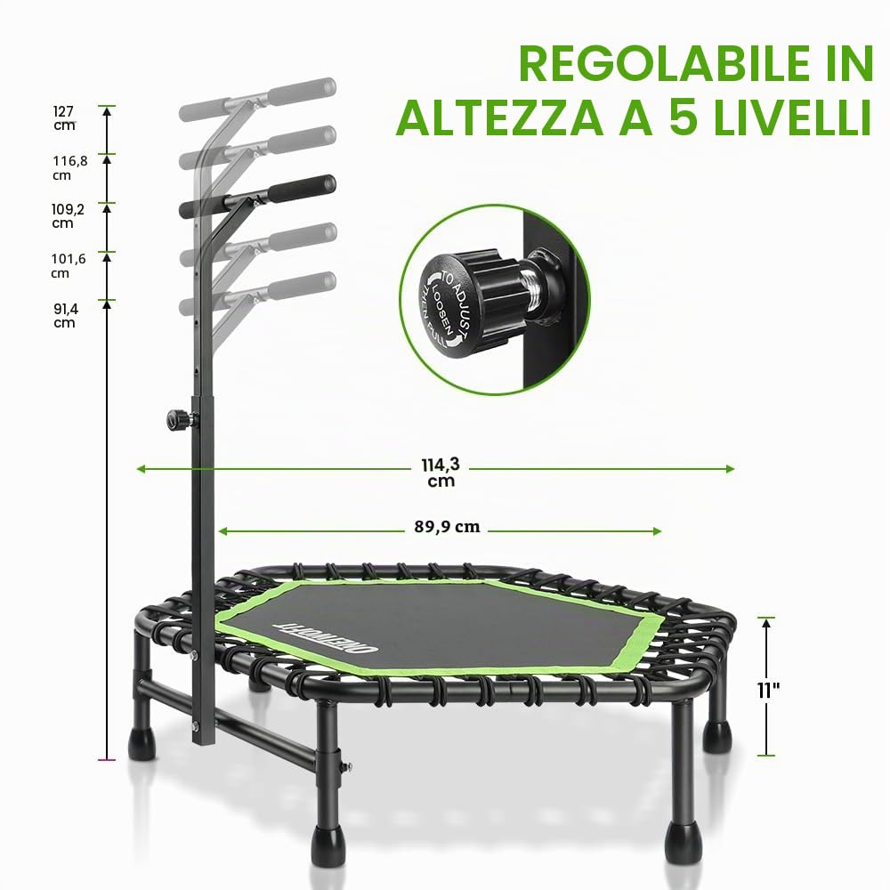 ONETWOFIT 107/114cm trampolino a rimbalzo per adulti, mini trampolino silenzioso per esercizi indoor, trampoline fitness con rimbalzo bungee