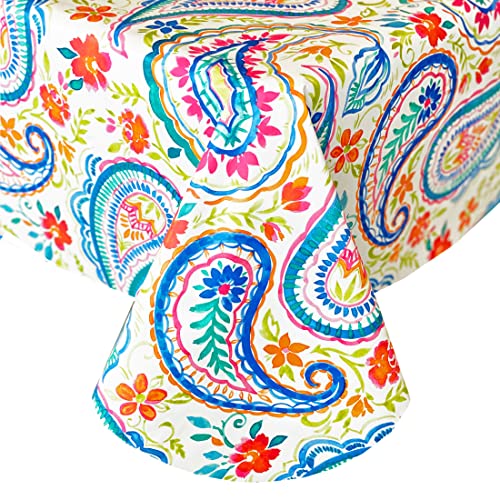 Newbridge Boho Chic Paisley Print Vinyl Flannel Backed Tablecloth, Shabby Chic Bright Paisley Waterproof Patio, Picnic, Kitchen and BBQ, Indoor Outdoor Tablecloth, 52 Inch x 52 Inch Square