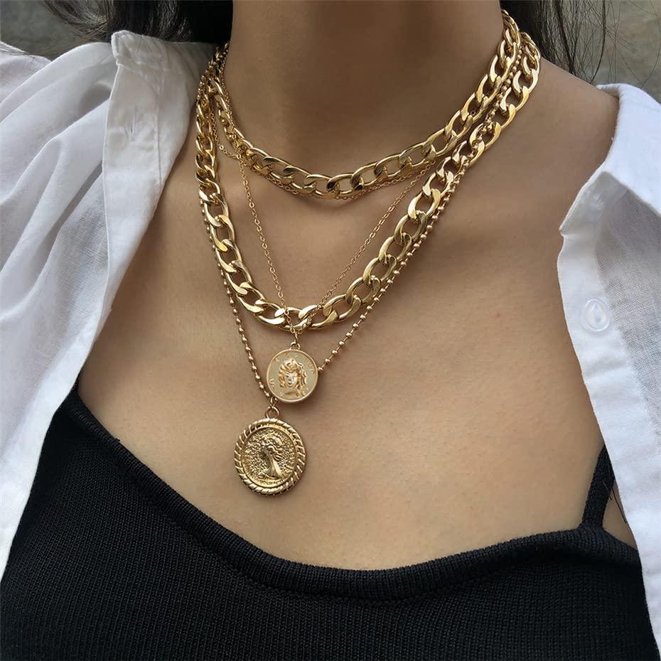 fdsmall Punk Chunky Chain Halskette Münze Vintage Gold Kubanische Kette Choker Anhänger Charm Schmuck
