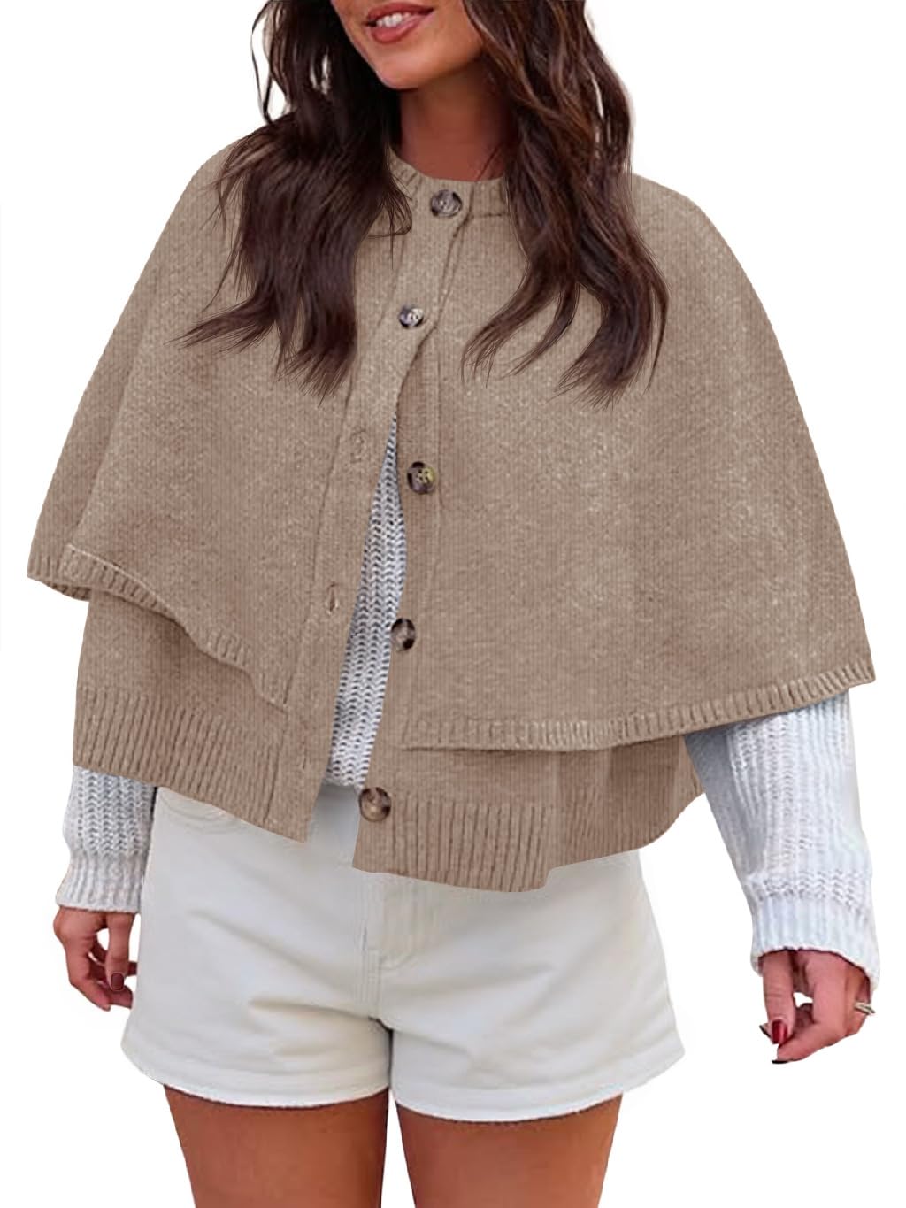 Saodimallsu Womens Cropped Cape Cardigan Button Up Crew Neck Jacket Shawl Fall Trendy Knit Sweater