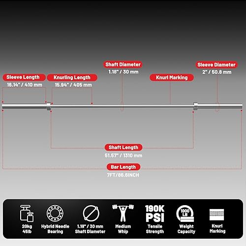 Miniatura 3 de PAPABABE Barra olímpica de 7 pies, capacidad de peso de 1000 libras con juego de placas de parachoques de alto rebote, barra de levantamiento de