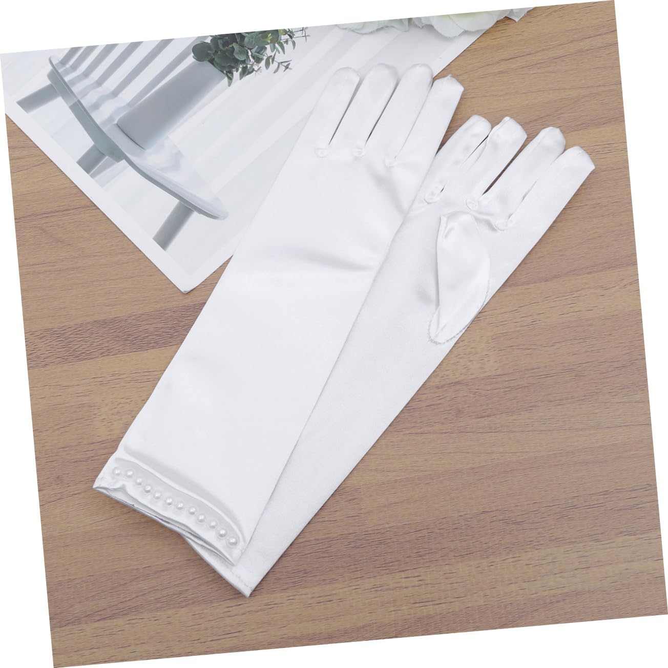 Flower Girl Gloves Long Satin Pearl Decor Dress Gloves Elegant White Full Finger Design for Wedding