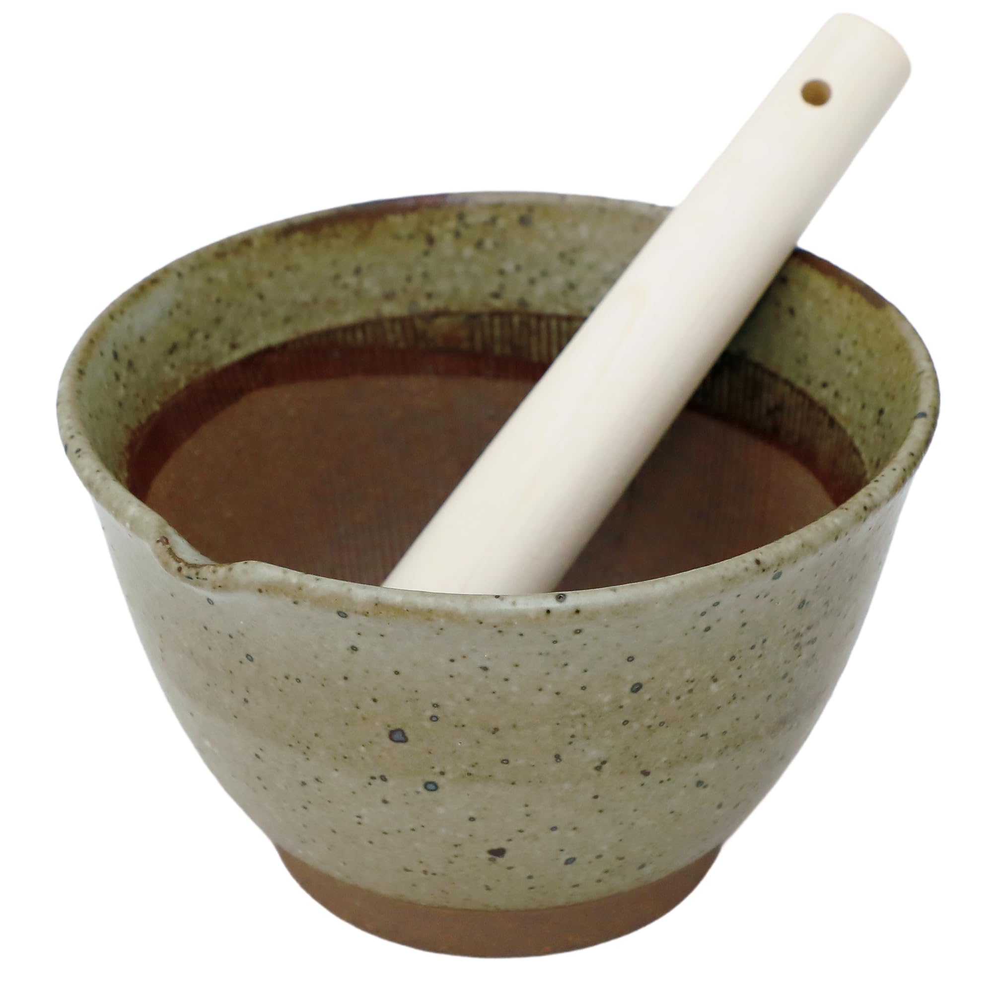 Asayu - Mortier japonais Suribachi “Mugitoro” en céramique Karatsu – 16 × 9,8 cm avec pilon 18 cm