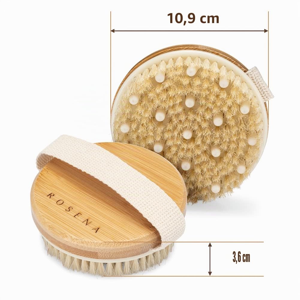 ROSENA Brosse Corps a Sec - Brosse exfoliante corps Idéale pour peau sèche, drainage lymphatique, cellulite - Brosse douche de massage en bois et poils naturels de sanglier