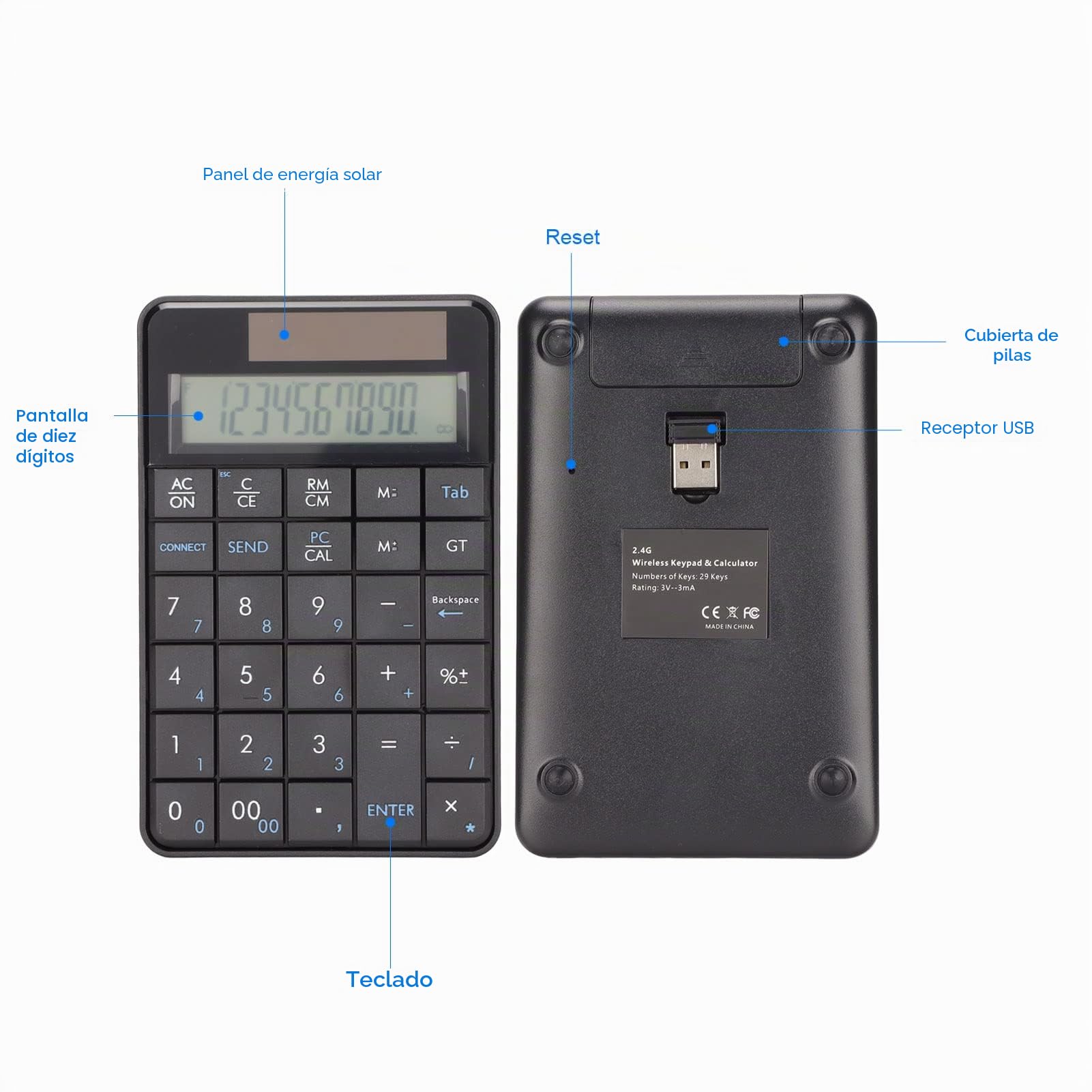 2 en 1 Teclado Numérico Inalámbrico Calculadora Numpad, 29 Teclas 2.4G, Contabilidad Financiera con Receptor USB para Computadora Portátil / Computadora