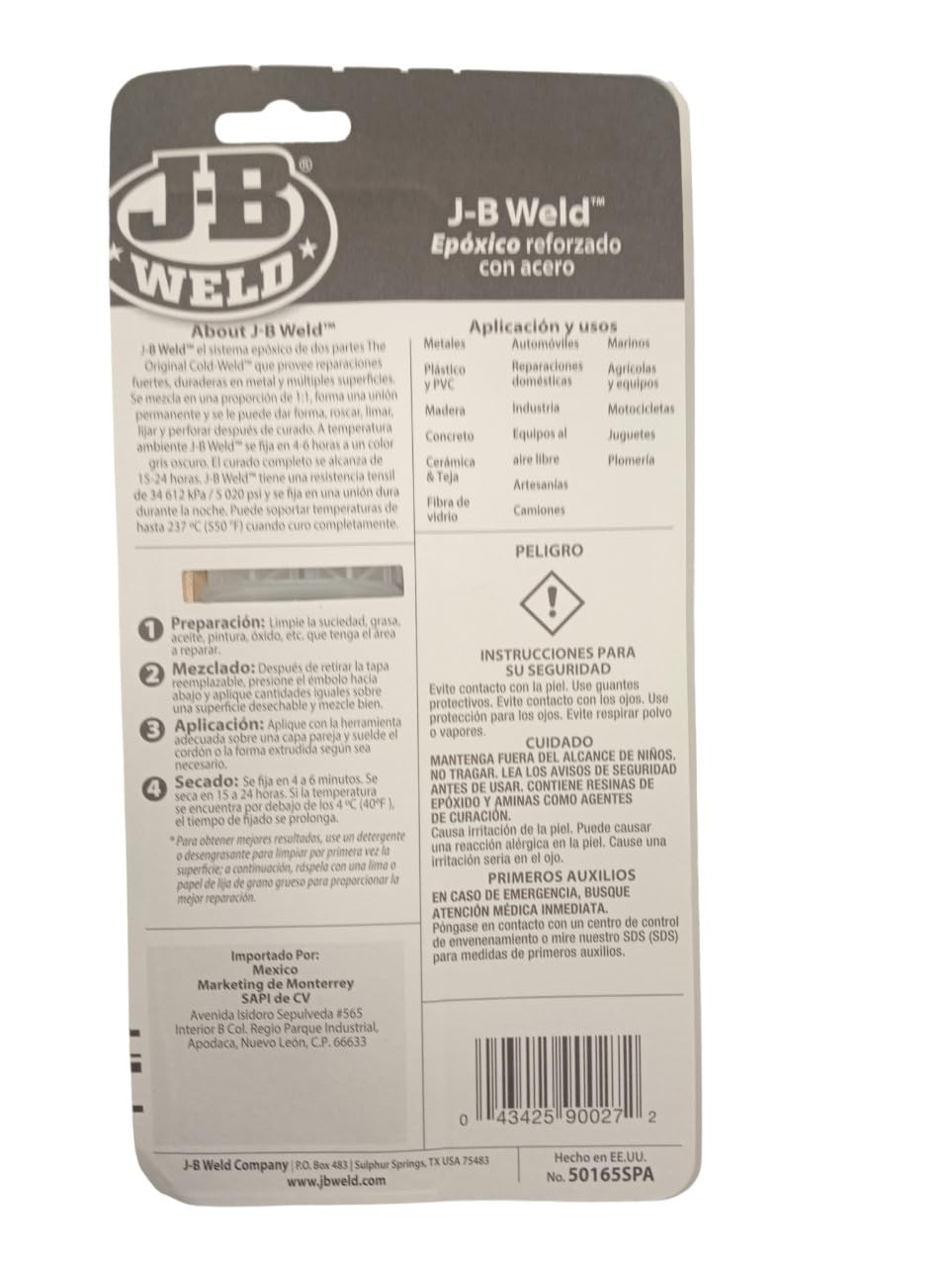 J-B Weld 50165SPA - Epoxi - Fijación Lenta - Reforzado con Acero - Metal - Reparaciones - Artesanía - Automotriz - Fontanería - Embarcaciones - Plásticos - 25ml