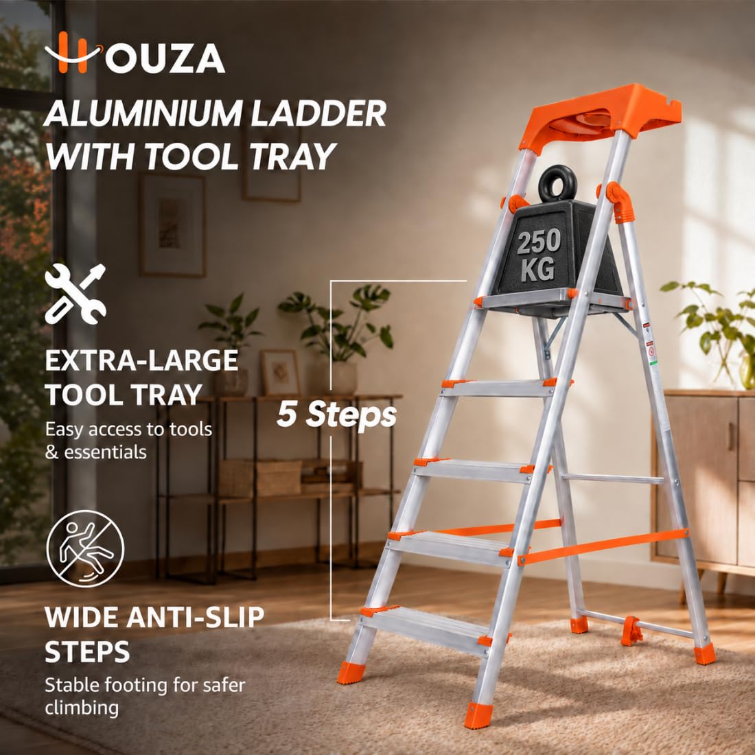 HOUZA Aluminium Ladder - 5 Steps, Foldable & Safe -2 HOUZA Aluminium Ladder - 5 Steps, Foldable & Safe -2