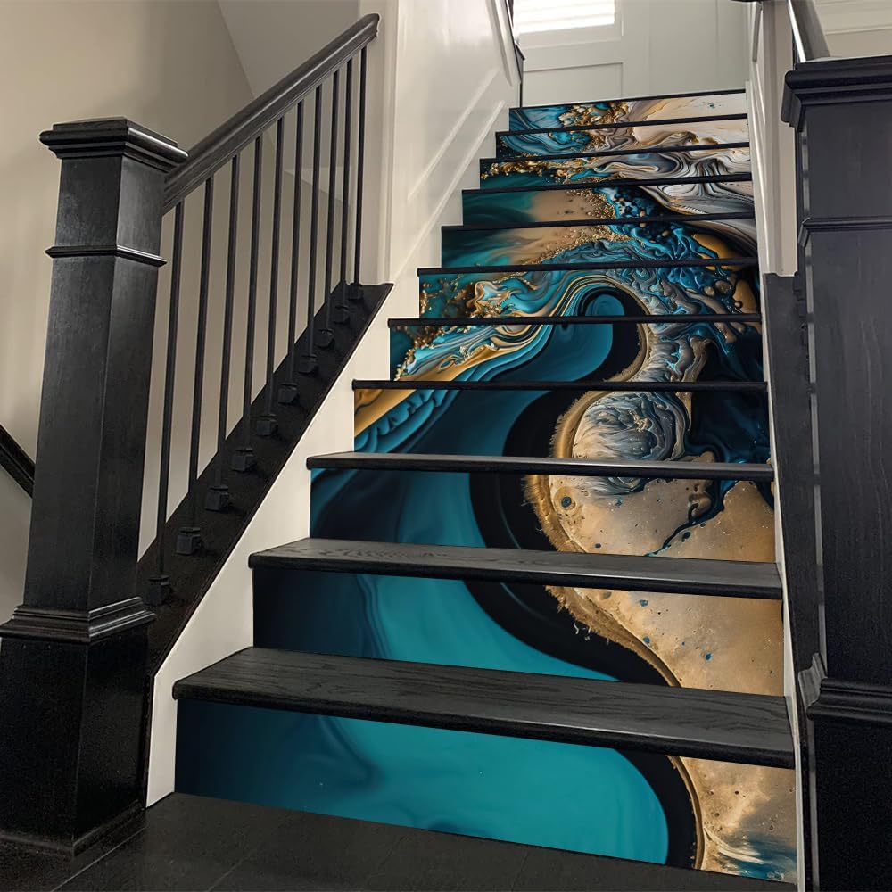Peel and Stick Vinyl Stair Riser Decals Staircase Tile Stair Stickers Abstract Blue and Gold Art Decor Modern Marble Fluid Decoration Mural Self-Adhesive Wallpaper (14 Pcs)