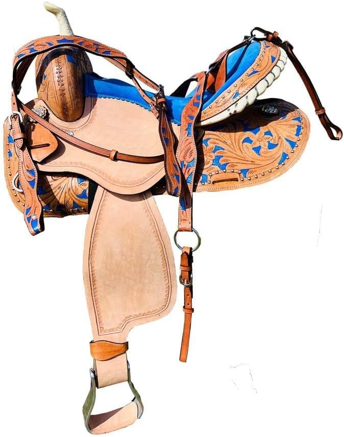 Leather Barrel Racing Western Horse Saddle Handmade Premium Custom Cowboy Cowgirl Pleasure Comfort Trail Tack Equestrian Tooled Carved Pony-Adult Saddle for Riding Size: 10-18 inch Seat, MO-03