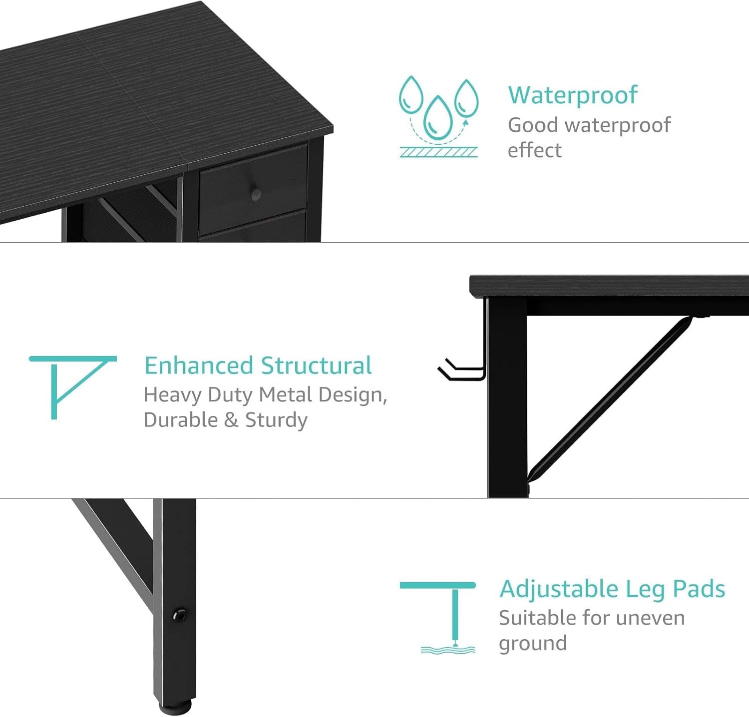 Diagram highlighting key features: waterproof tabletop, enhanced structural design with heavy-duty metal, and adjustable leg pads.