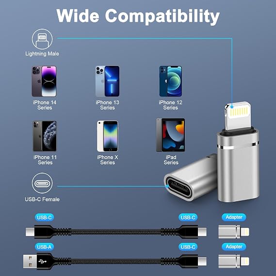 USB C to Lightning Adapter, 2Pack USB C to iPhone Adapter Connector, Type C Female to Lightning Male Adaptor Support Fast Charging/Data Sync for iPhone 14 13 12 11 Pro Max, Not for Audio/Headphone/OTG