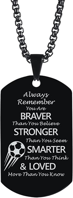 TempBeau Necklace Men Football Inspirational Pendant Dog Tag Soccer Necklace Military Style Black and Silver with 60cm Box Chain for Son Father Husband Friend
