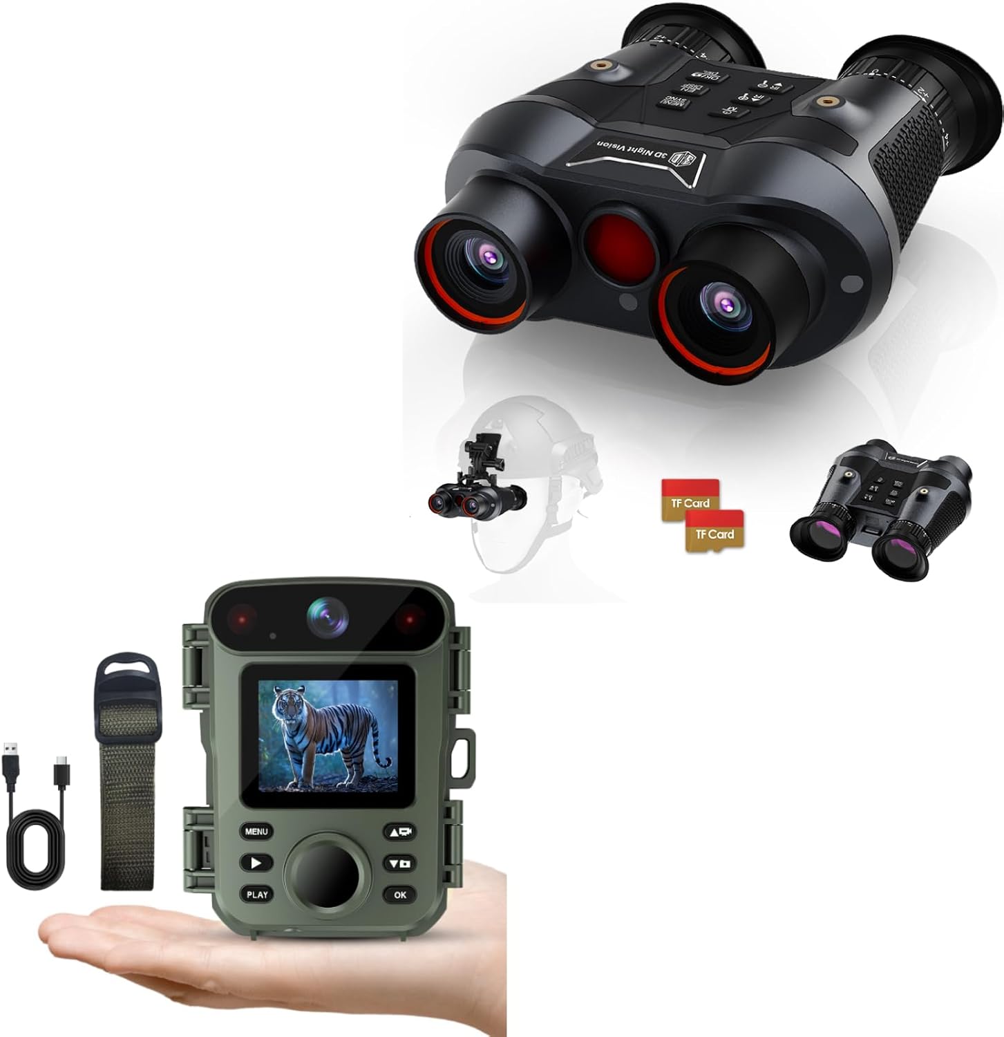 3D VR Night Vision Goggles Head Mounted & ArzzuNiu Trail Camera Mini Game Camera