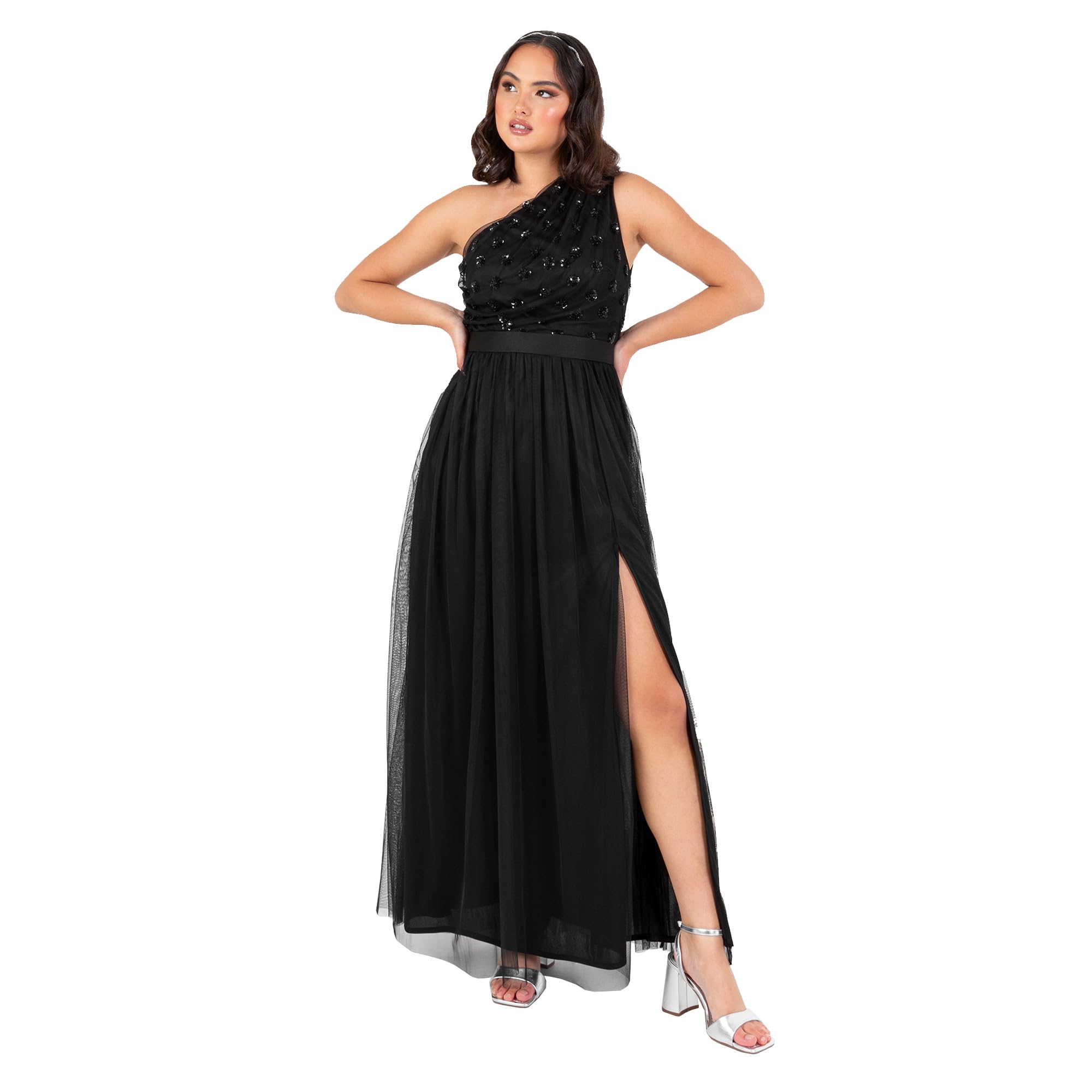 Maya Deluxe Damen Women's Maxi Dress Ladies One Shoulder Sleeveless Floral Sequin Embellished Sash Tie Belt Tulle A-line Split Bridesmaid Dress (1er Pack)