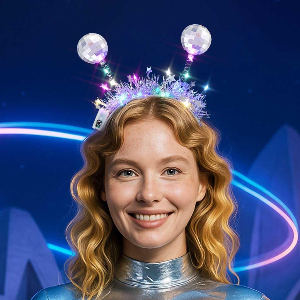 DRESBE Light Up Disco Ball Headbands Silver LED Alien Headband Glow Party Hair Accessories for Women(2pcs) - Image 2