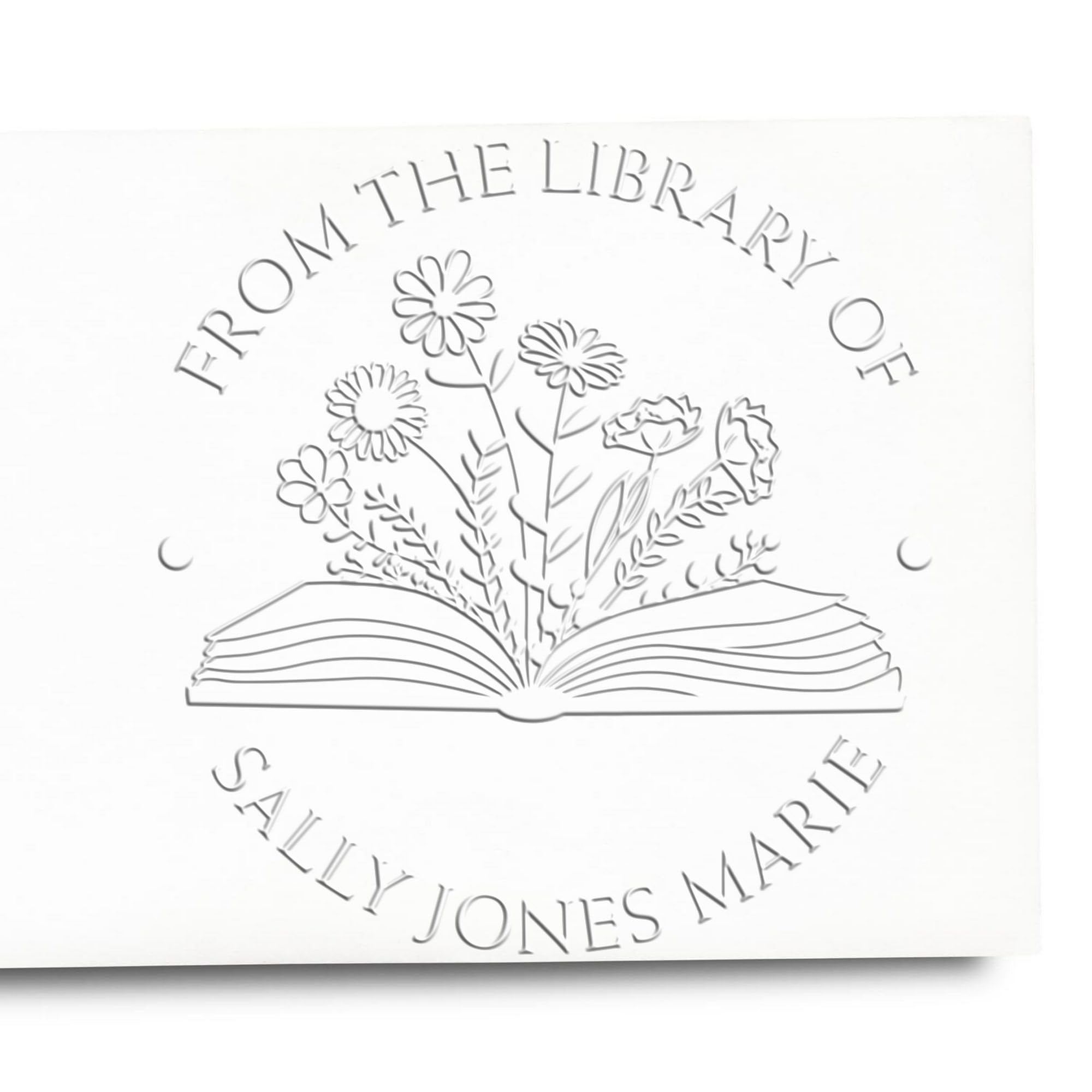 Custom Belongs to Embossed Stamp - Personalized Book Property Seal Press, Soft Open Book with Wild Flowers Design, Available in Red, Blue, Grey, or