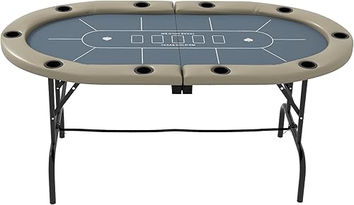 Miniatura 8 de Soozier Mesa de póquer plegable, 70 pulgadas ovalada Blackjack Casino Texas Holdem mesa de juego de póquer para 10 jugadores con portavasos azul y
