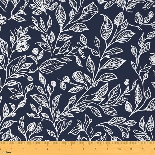Feelyou Flowers Upholstery Fabric by The Yard, Vintage Flowers Pattern Reupholstery Fabric for Chairs, Nature Theme Leaf Pattern Decorative Waterproof Outdoor Fabric, 2 Yard, Navy Blue