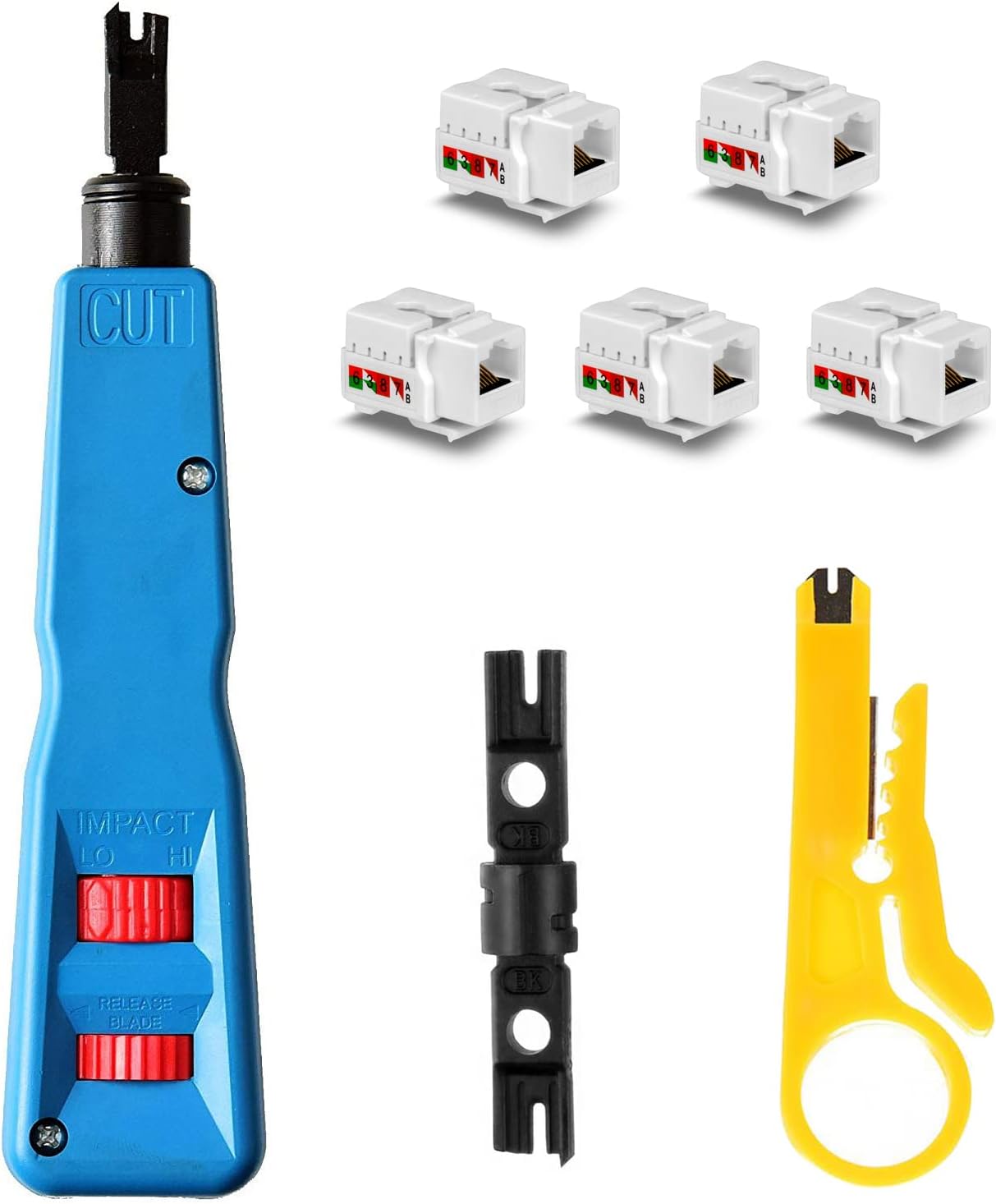 Punch Down Tool Kit with 110 & BK Blade, 5PCS Cat6 RJ45 Keystone Jack, Network Wire Stripper Tool Kits Professional