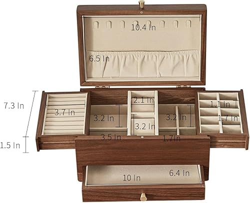 Miniatura 3 de Joyero de madera para mujer, cajones multifuncionales de 3 niveles, caja organizadora de joyas de nogal negro, reloj, collar, anillo, almacenamiento