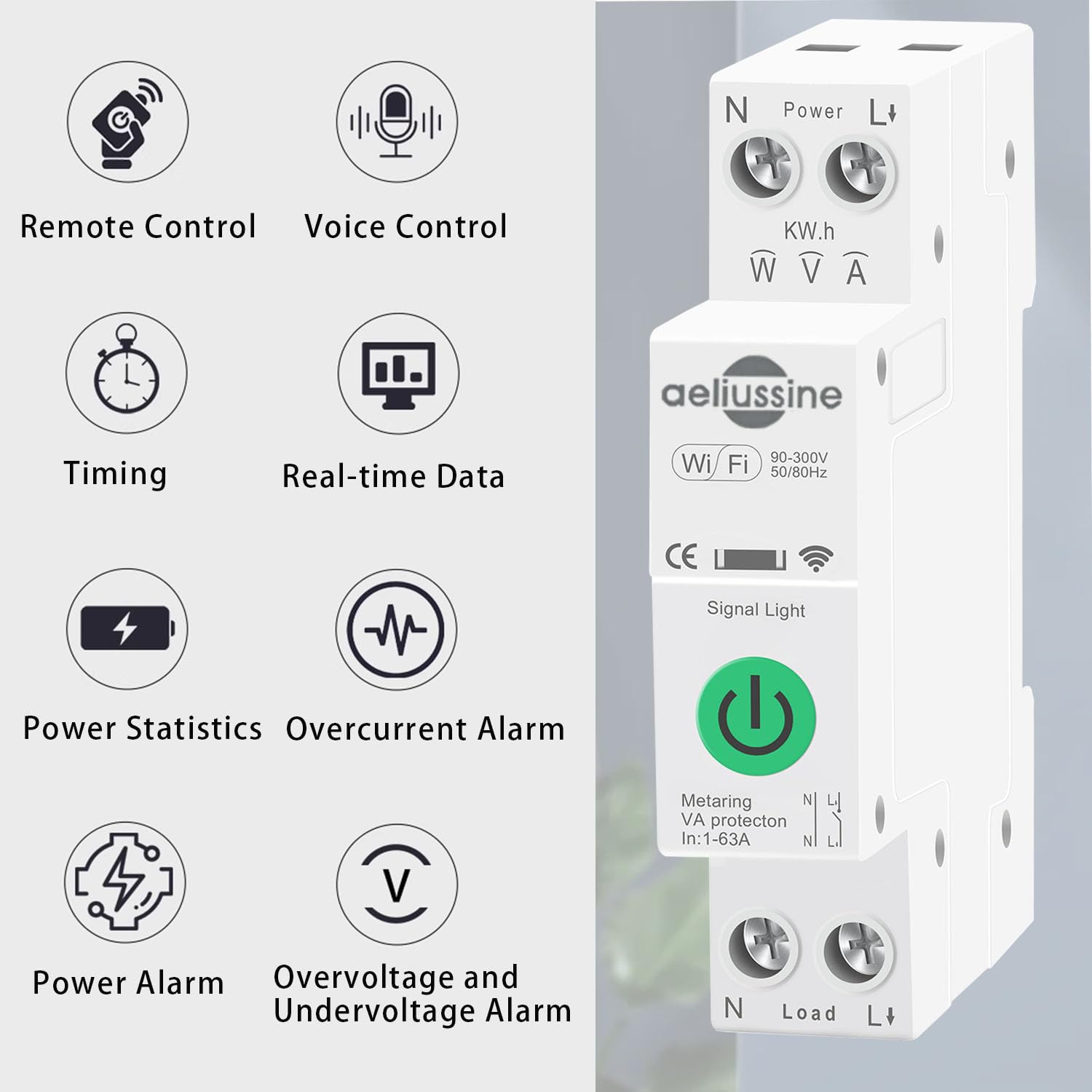 Inteligentny przełącznik WiFi, regulowany przełącznik WiFi 1-63 A, aplikacja Smart Life/Tuya Monitor napięcia i zużycia energii kompatybilny z Alexa Google Home montaż DIN