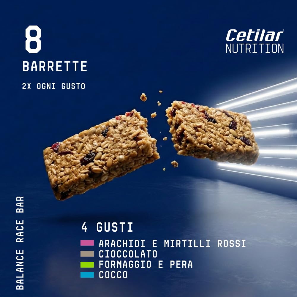 Balance Race Bar Mix, 8 Barrette energetico-proteiche da 40 gr cad., 4 gusti assortiti, formula bilanciata, con Ferro e Magnesio Sucrosomiali®, Energia durante l'allenamento, Cetilar Nutrition