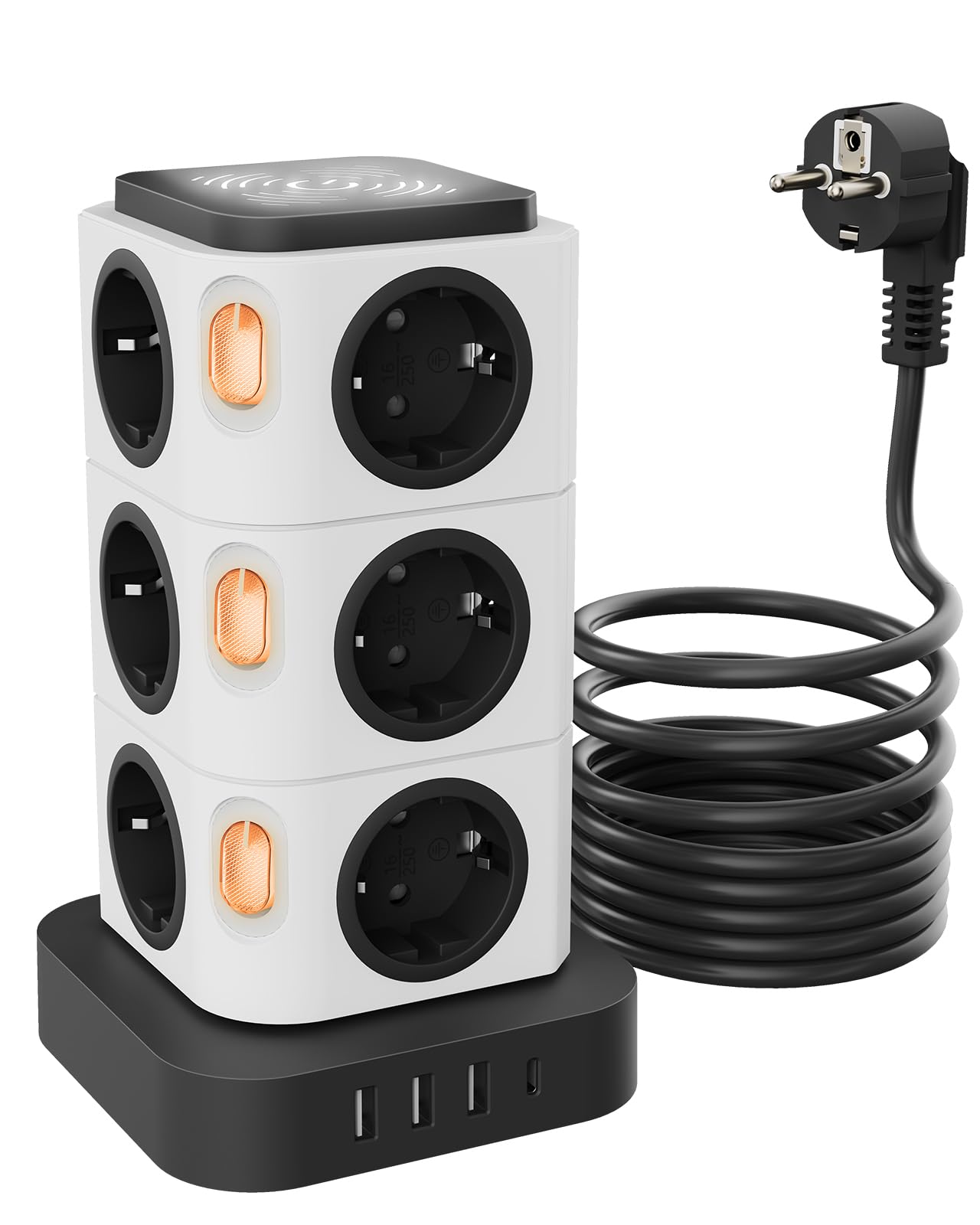Mehrfachsteckdose mit 4 USB, Acodot 12 Fach Mehrfachsteckdose mit Schalter, Steckdosenleiste überspannungsschutz Tower mit 4 Mehrfachstecker,Originelles Design Nachtlicht und 3M Kabel 2500W für Büro