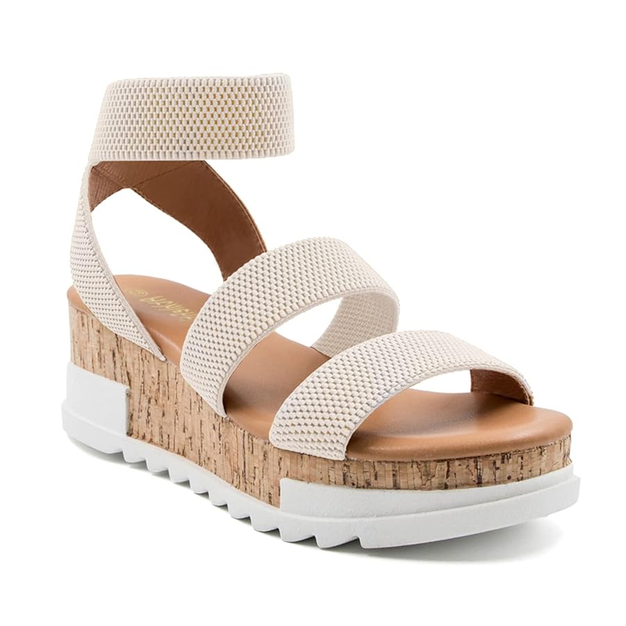 Amazon.com | Athlefit Women's Casual Cork Platform Wedge Sandals Open Toe  Elastic Ankle Strap Flatform Sandals for Summer, Beige, Size 5.5, AD00102 |  Platforms \u0026 Wedges