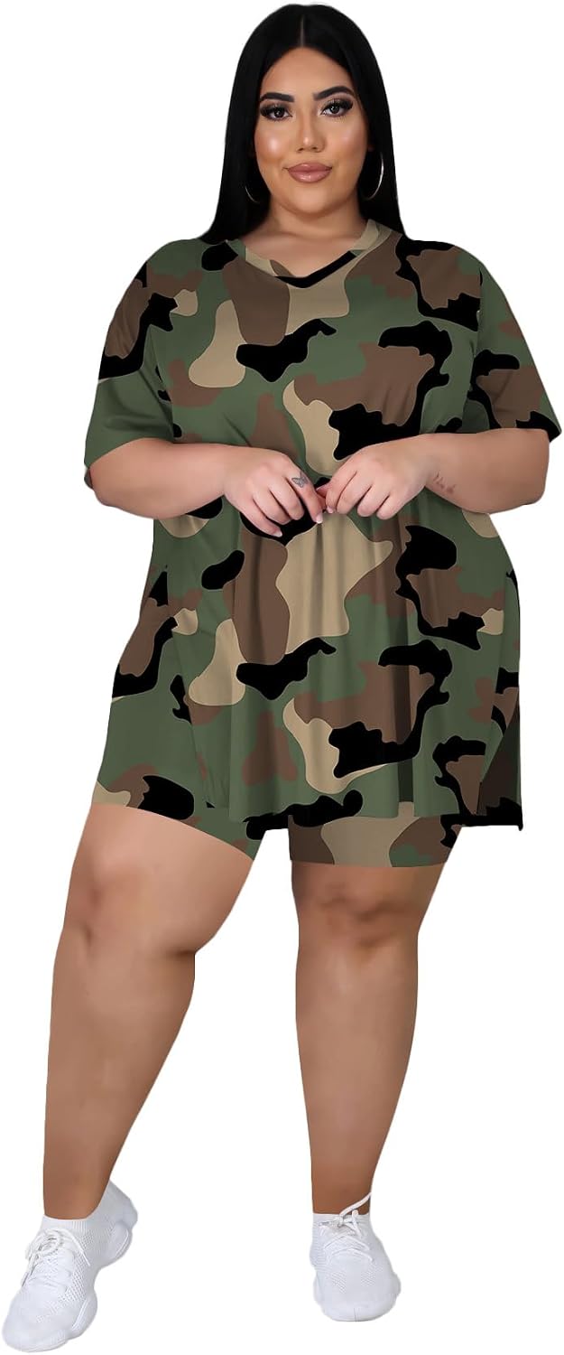 Tycorwd Women's Plus Size Two Piece Outfits Loungewear Sets Summer Oversized Tshirts Biker Shorts Sweatsuits Sets