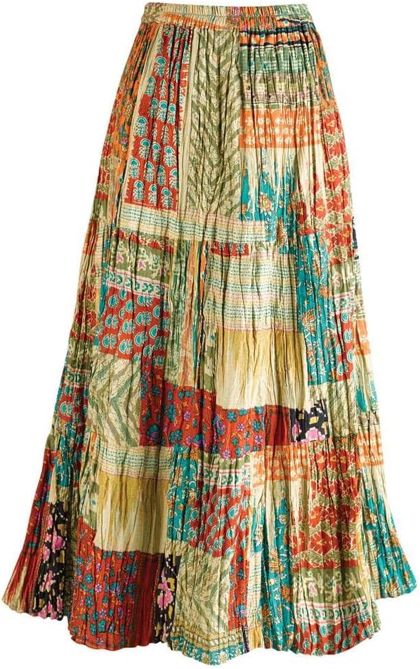CATALOG CLASSICS Womens Reversible Boho Maxi Skirt - Patchwork Floral Long Skirt, 36" L - Gold/Green - XL