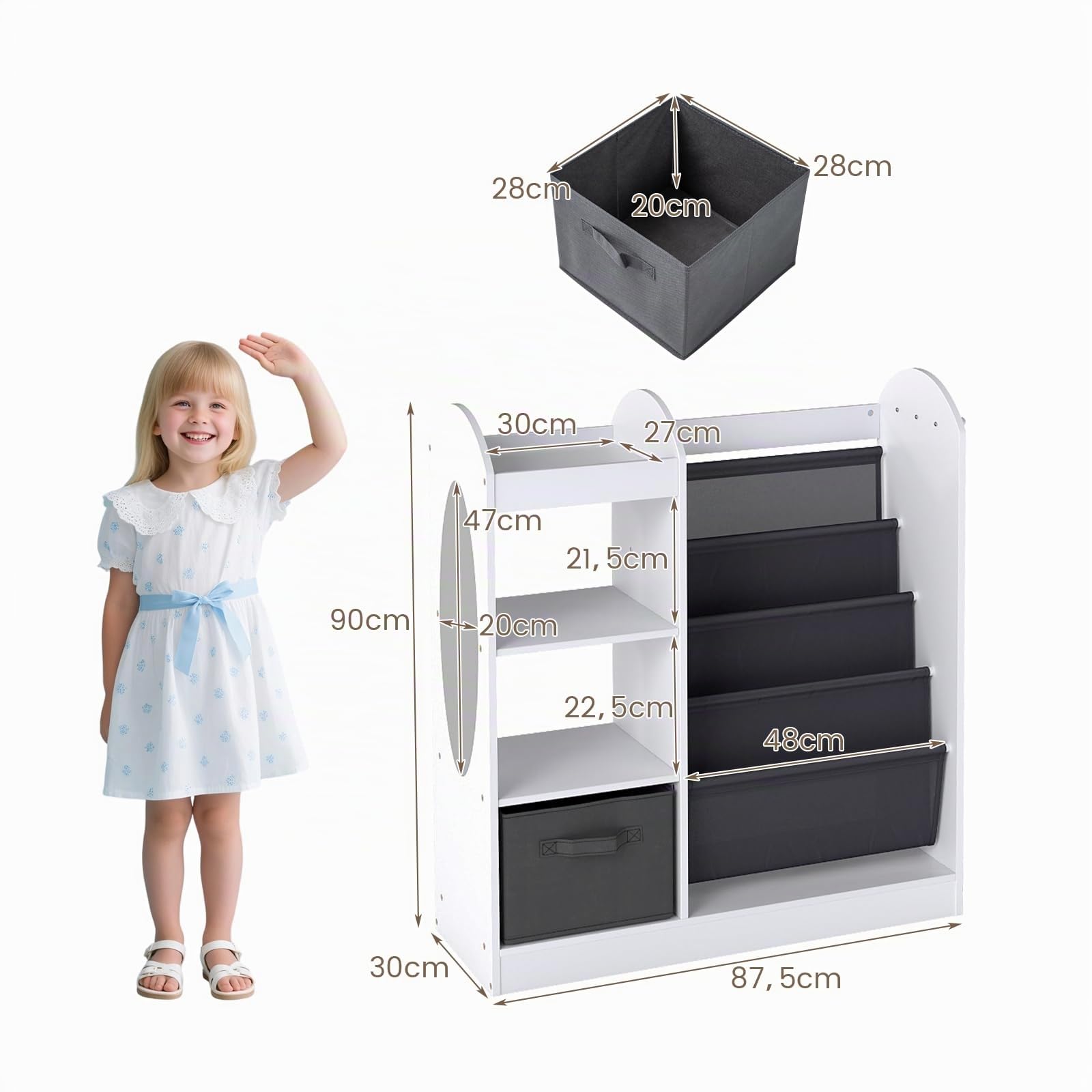 RELAX4LIFE Scaffale Portagiochi Bambini, Libreria con Specchio, 3 Ganci e Cassetto Rimovibile, Scaffale Montessori Bambini per Cameretta, Stanza Giochi e Asilo (Bianco)