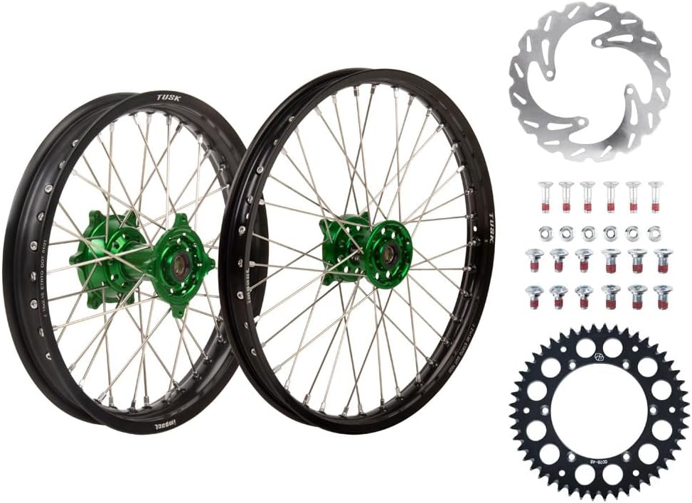Tusk Impact Complete Front/Rear Wheel Package 1.60 x 21/2.15 x 18 Black Rim/Silver Spoke/Green Hub For Kawasaki KX125 2004-2005