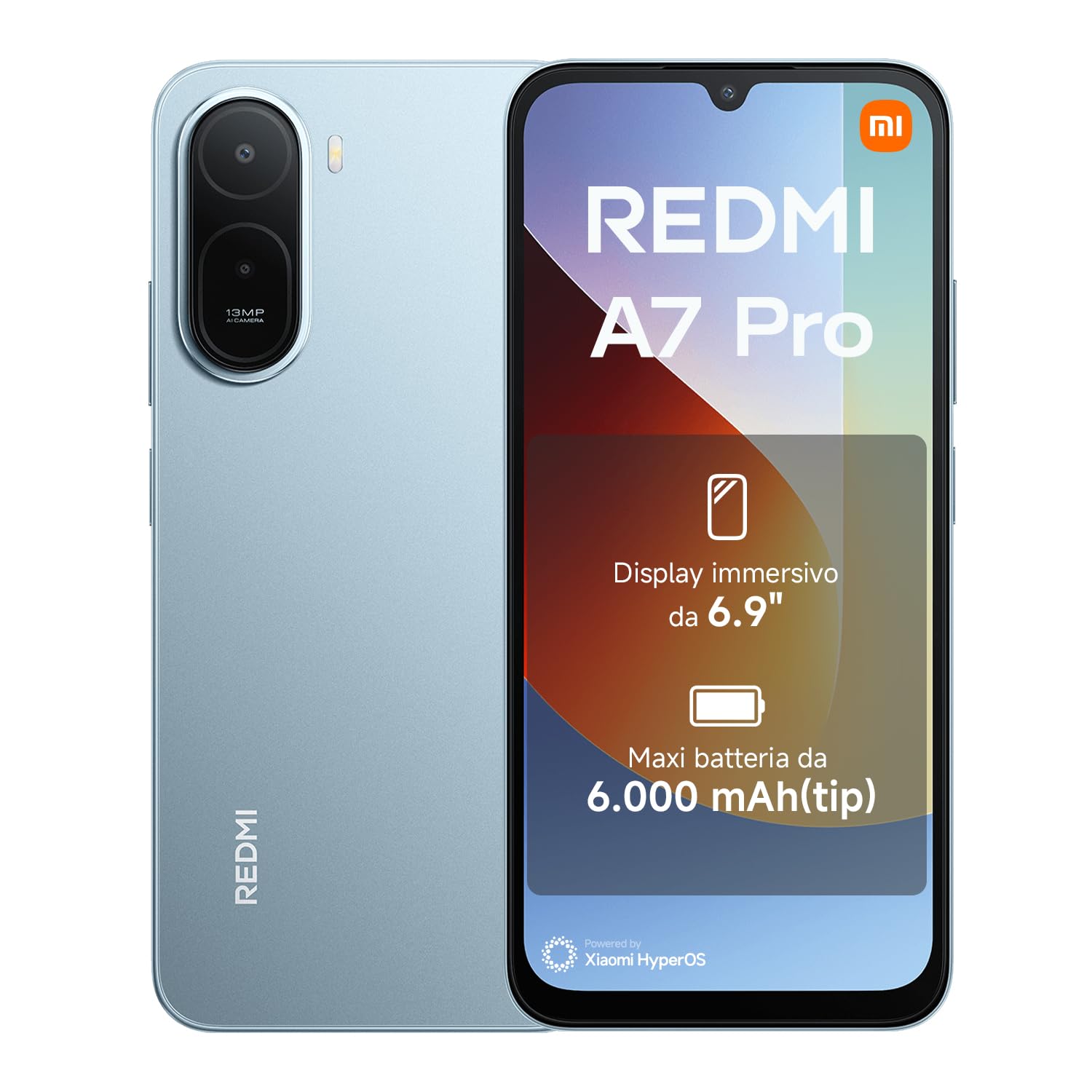 Xiaomi REDMI A7 Pro Smartphone 4+128GB, Display immersivo 6,9", Batteria 6000 mAh (tip), Processore Octa-core, Doppia fotocamera AI da 13MP, Blu, Garanzia 2 anni + 1 anno extra, Caricatore non incluso