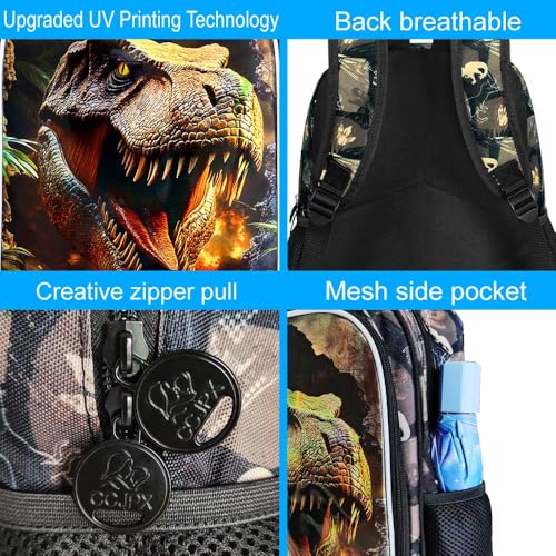 Image of HPJGD 3PCS Dinosaur Kids Bookbag, Water Resistant Boys School Bag Set with Lunch Box, Cool Backpack for Elementary Preschool Toddler - Wall-Breaking T-Rex