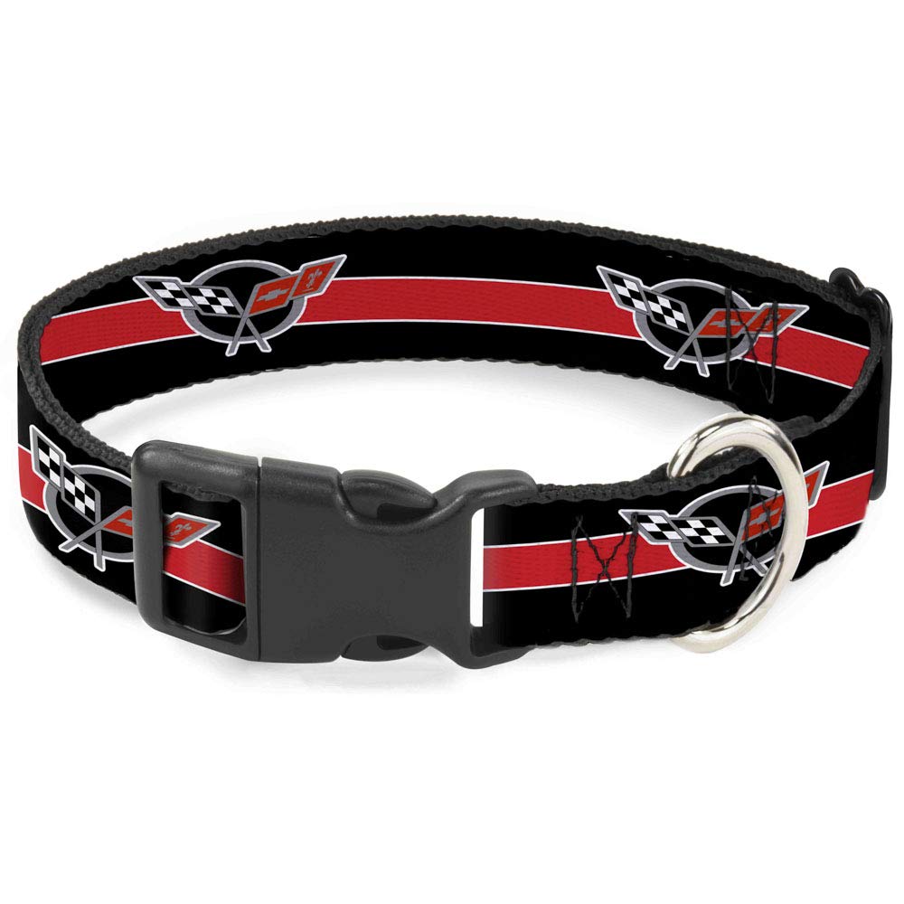 GM General Motors Pet Collar, Dog Collar Plastic Buckle, Corvette C5 Logo Stripe Black White Red Gray Repeat, 13 to 17 Inches 1.5 Inch Wide
