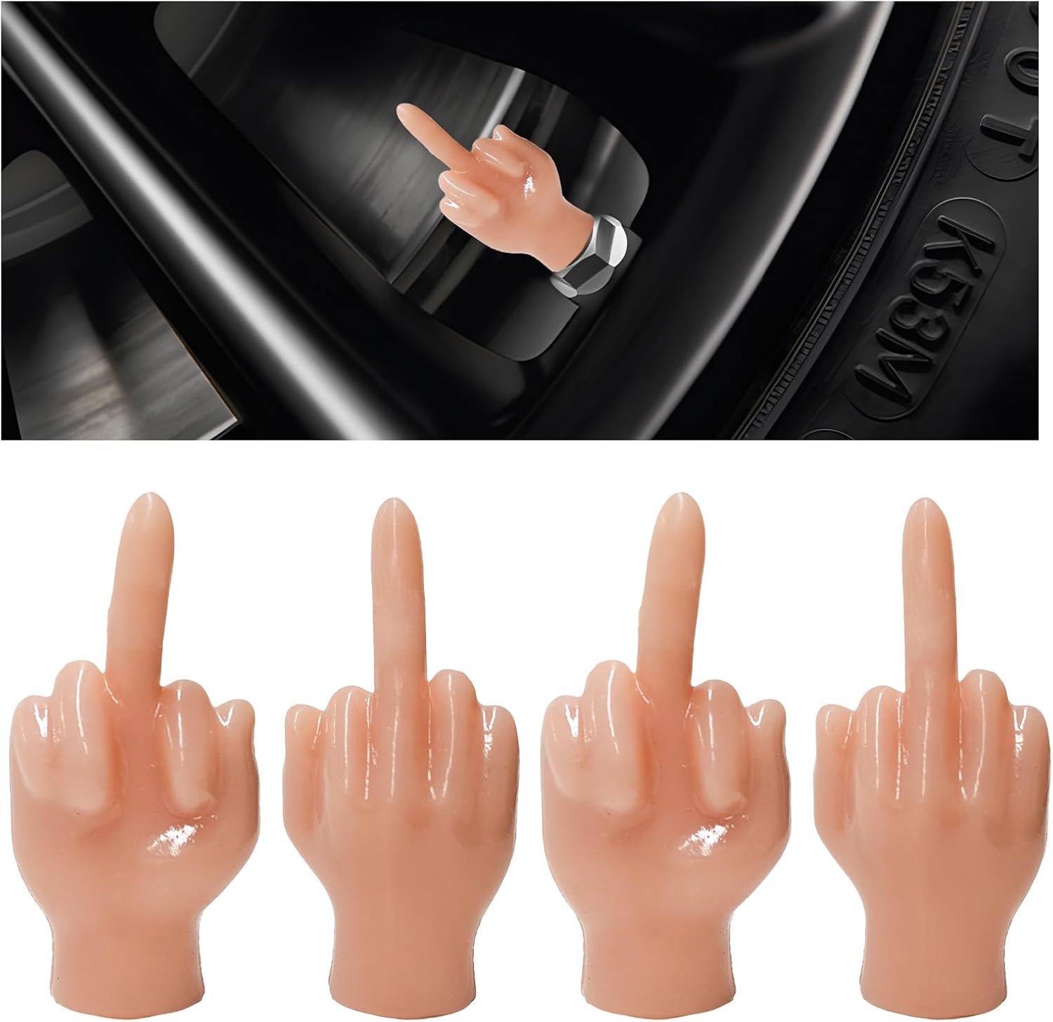 4 PCS Prank Tire Valve Stem Caps, Funny Middle Finger Car Wheel Stem Dust Covers Exterior Decoration, Creative Fingers Tire Valve Caps for Cars Trucks Motorcycles Bicycles (Skin)