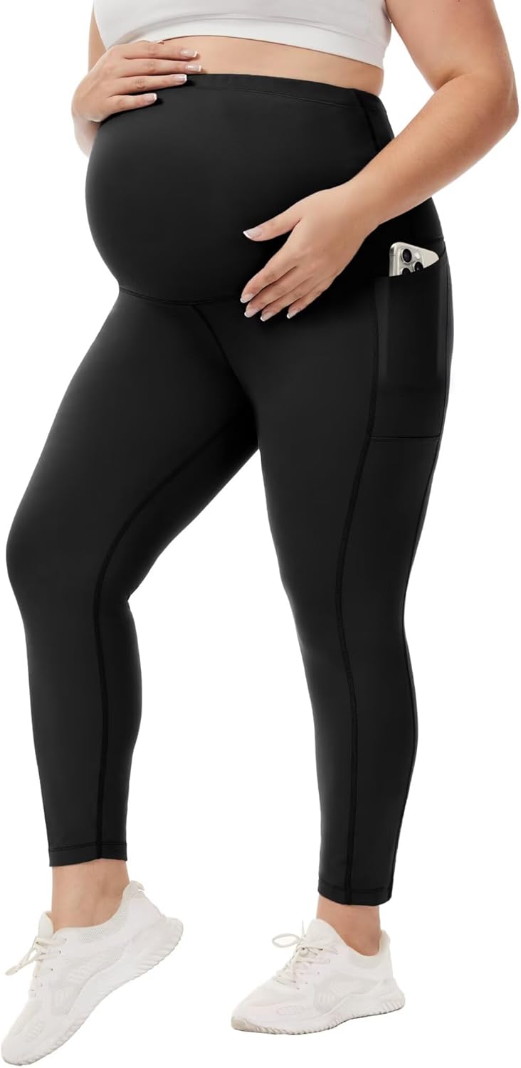 Happy.angel Plus Size Maternity Leggings with Pockets,Pregnancy Yoga Pants Over-The-Belly,Maternity Tights for Workout Casual