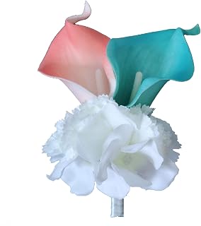 Lily Garden® Real Touch Calla Lily Coral and White and Carnation Turquoise Flowers Wedding Bouquet (Pin Corsage CT)